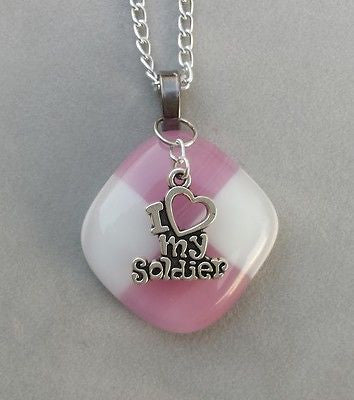I Love My Soldier Necklace Pendant Fused Glass Handmade & Chain