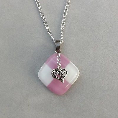 Valentine's Necklace Pendant Hand Crafted Fused Glass w/ Heart Charm